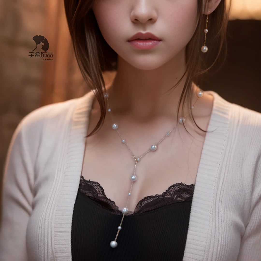 铜合金仿珍珠项链 法式满天星性感项链气质时尚可调节百搭毛衣链