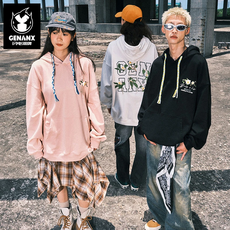 GENANX闪电潮牌加绒绣花卫衣宽松休闲暖皮重磅多色情侣连帽W1120