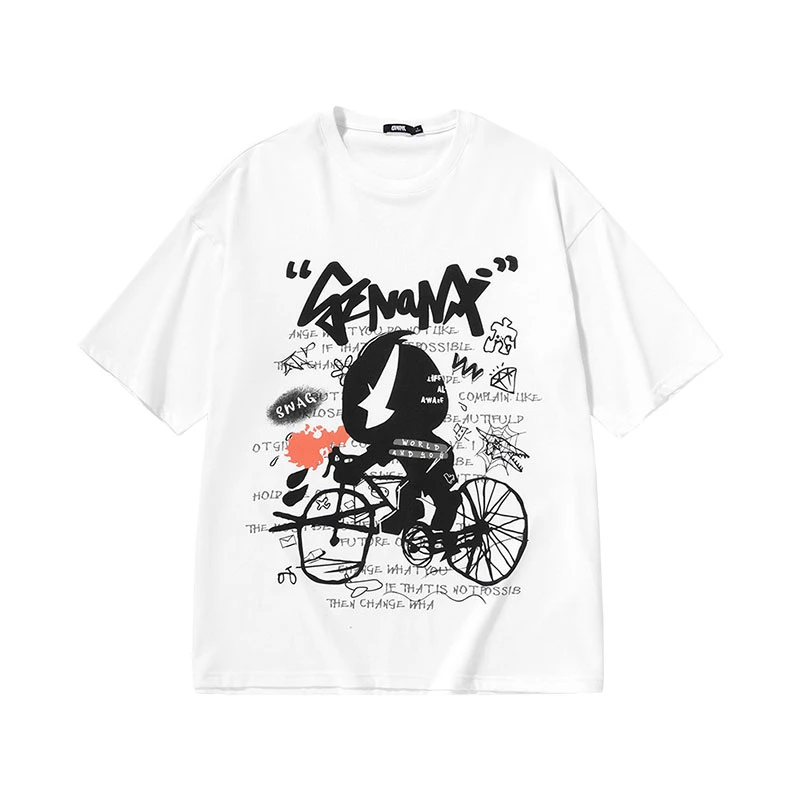 GENANX闪电潮牌休闲风夏季闪电君字母涂鸦印花落肩袖情侣T恤C1505