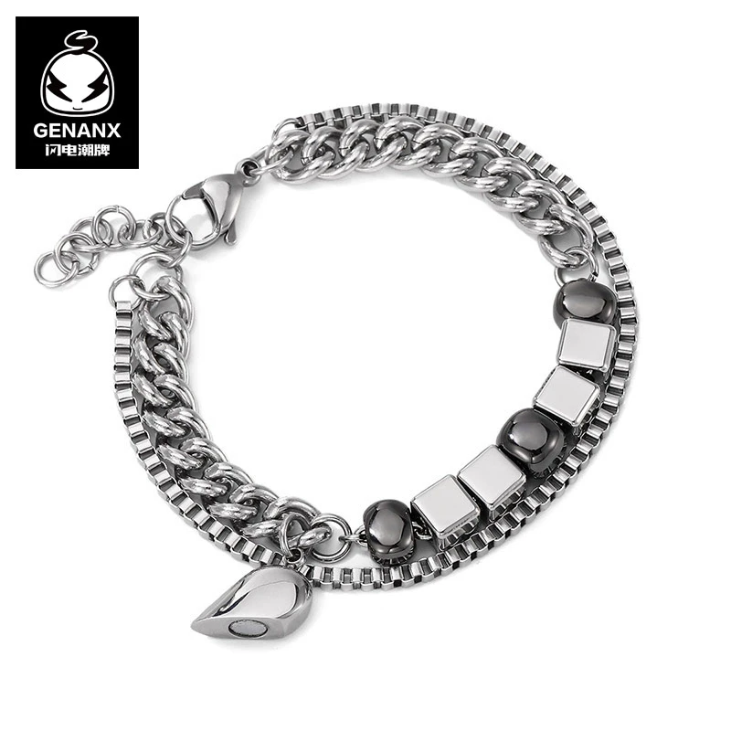 合成金属手链 GENANX闪电潮牌四方串珠爱心花式链钛钢手链 A188