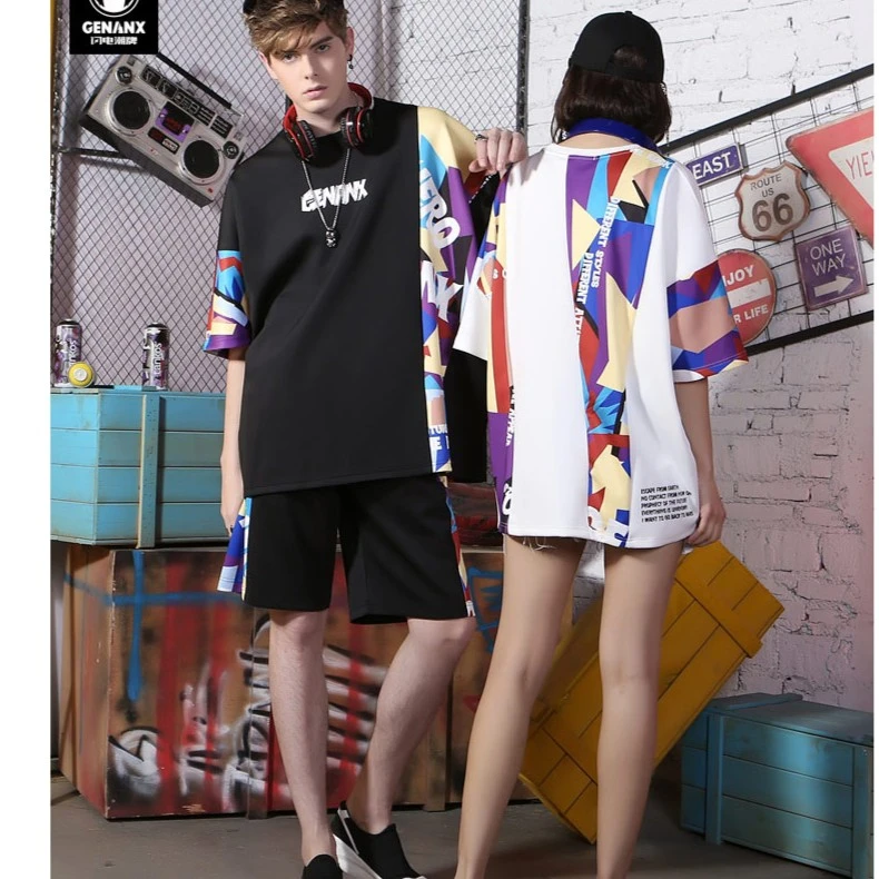 GENANX闪电潮牌短袖男嘻哈街头夏季宽松印花拼接潮流t恤情侣 C936