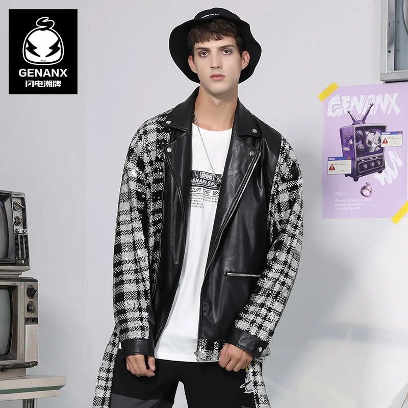 GENANX皮衣夹克格子宽松潮流异料拼色格纹喷漆印花潮外套 JS617