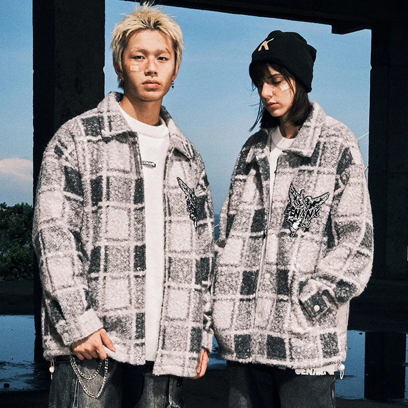 GENANX闪电潮牌2024秋冬新款格子情侣外套宽松呢子夹克外套JS940