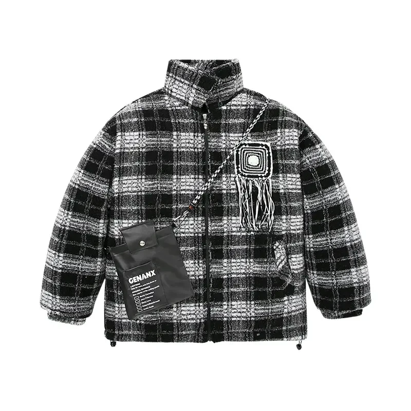 GENANX闪电潮牌情侣棉衣男宽松格纹高街时尚保暖休闲棉服外套J783