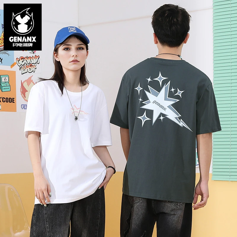 GENANX/闪电潮牌满天星闪电字母印花宽松落肩纯棉圆领T恤 C1747J3