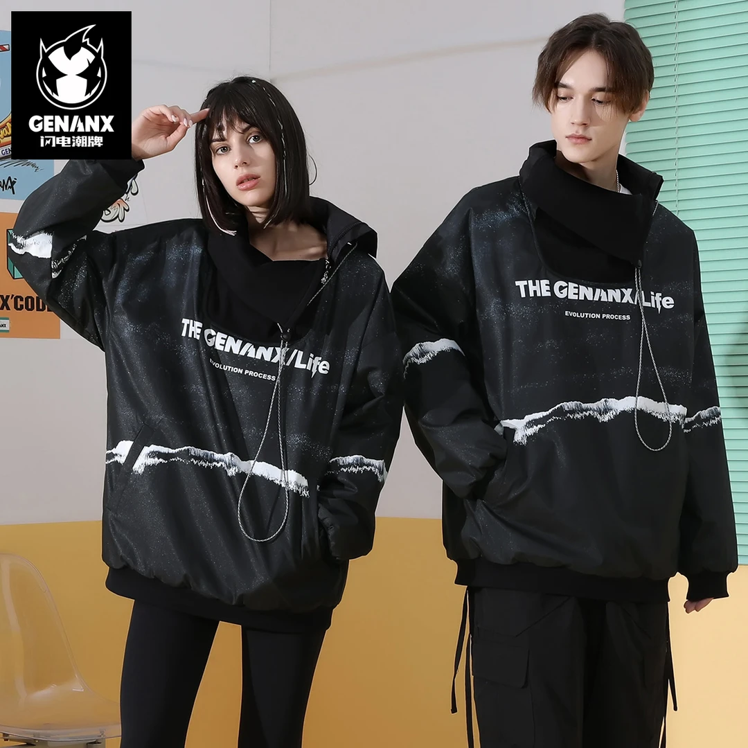 GENANX/闪电潮牌暗黑系印花拉链立领弹力绳插肩袖加绒卫衣 W1068