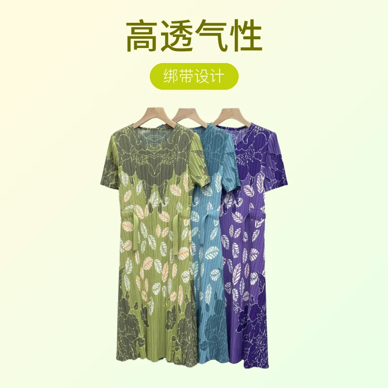 休闲褶皱时尚夏季气质宽松连衣裙弹力半袖薄款中老年女装连衣裙