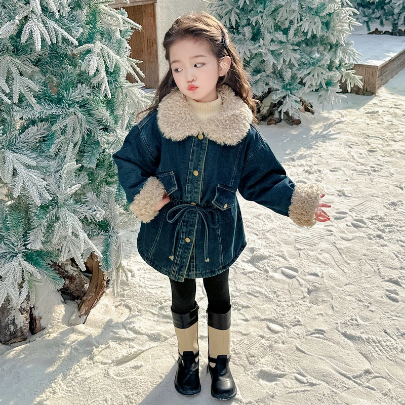 女童冬季加绒牛仔衣冬装新款儿童加厚外套宝宝冬款收腰保暖派克服