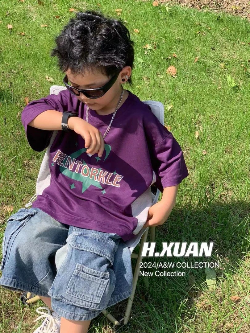 童装儿童夏季韩版时尚百搭潮流拼接宽松圆领短袖T恤 X241631