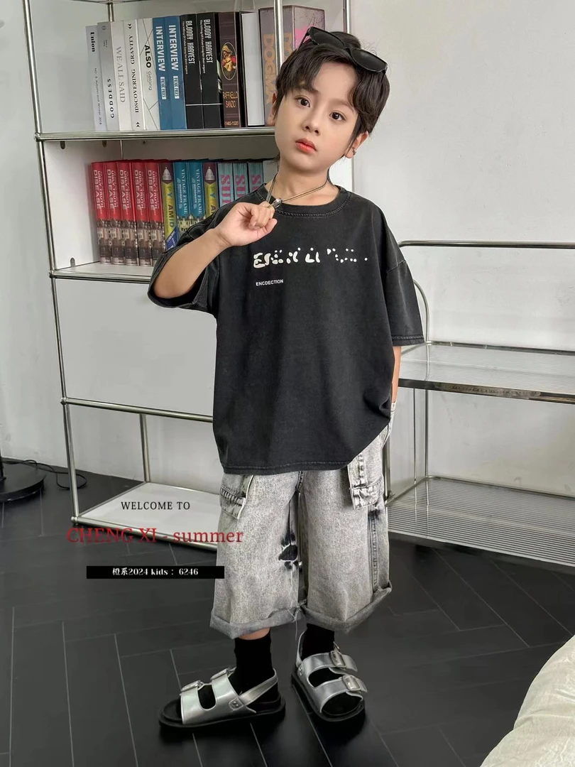 舅舅严选童装夏季韩版吊染渐变时尚百搭潮流宽松短袖T恤 C62463