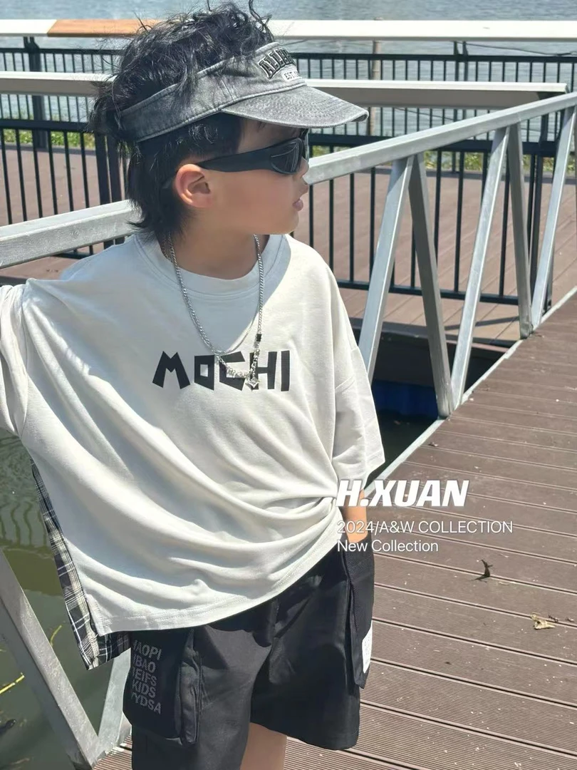 童装儿童夏季韩版时尚百搭潮流拼接宽松圆领短袖T恤 X241712