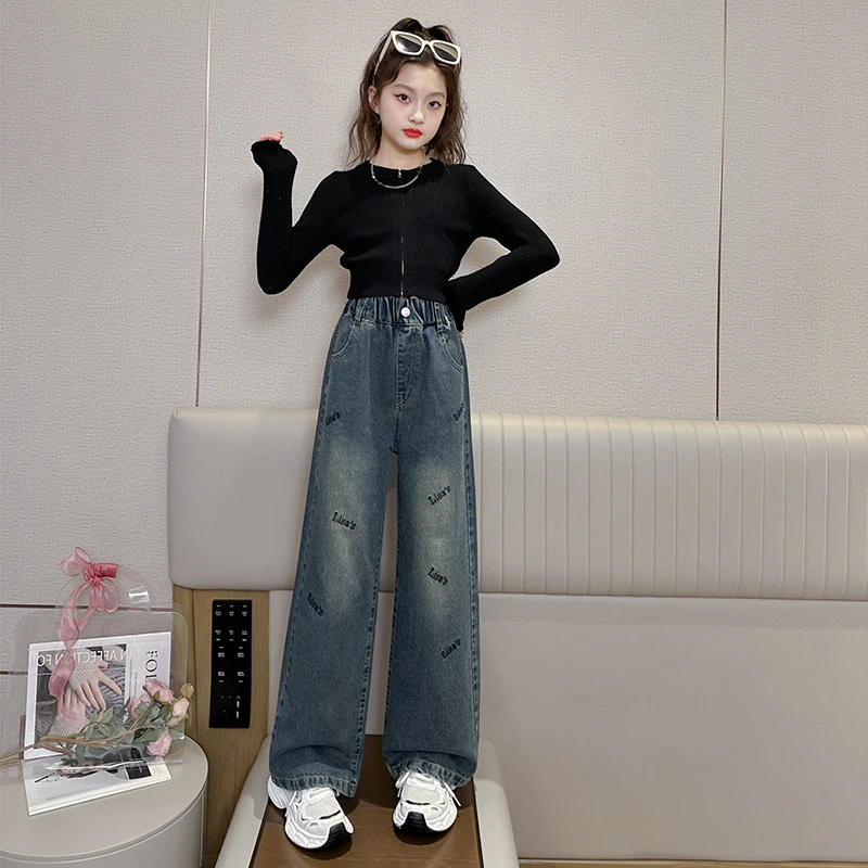 女童裤子新款2025牛仔直筒裤女孩中大童秋款百搭洋气宽松阔腿长裤