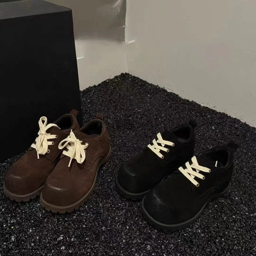 厚底内增高擦色德比鞋女2024年秋冬新款短靴系带百搭复古大头单鞋