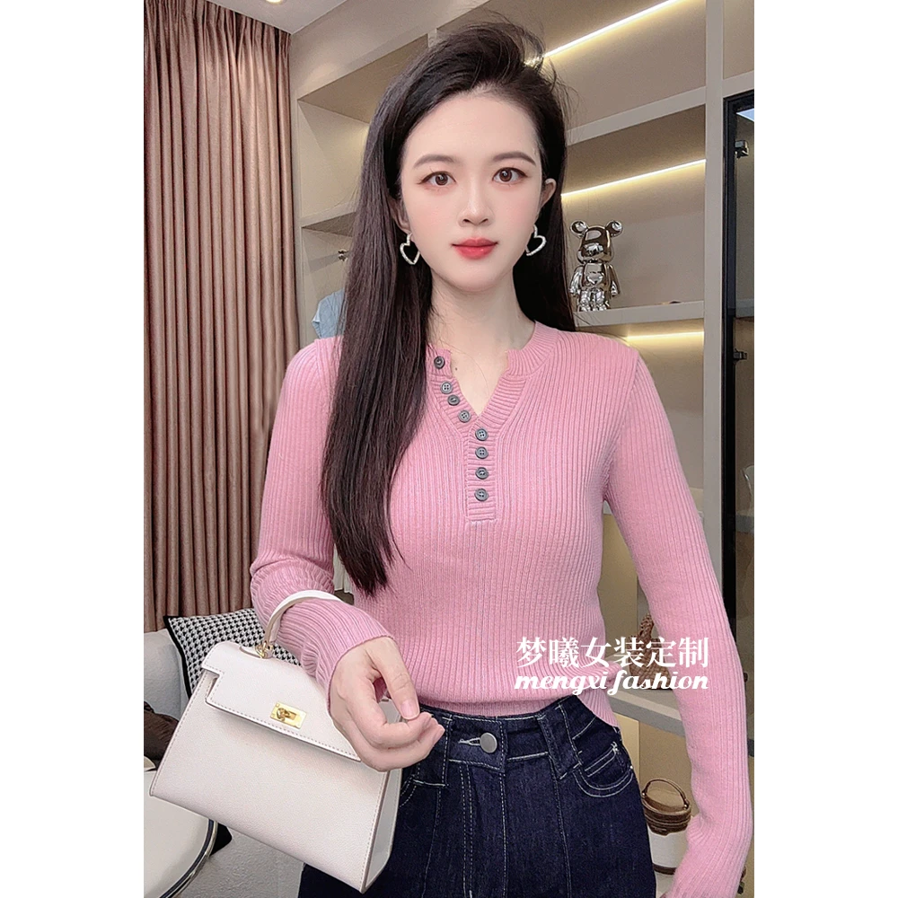 梦曦原版柔软显白小香风V领针织衫女秋长袖薄款短款洋气上衣8036