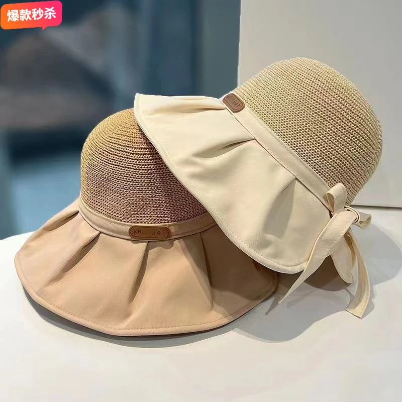 遮阳透气帽女春夏季户外夏天防晒百搭遮阳大帽簷盆帽蝴蝶结渔夫帽