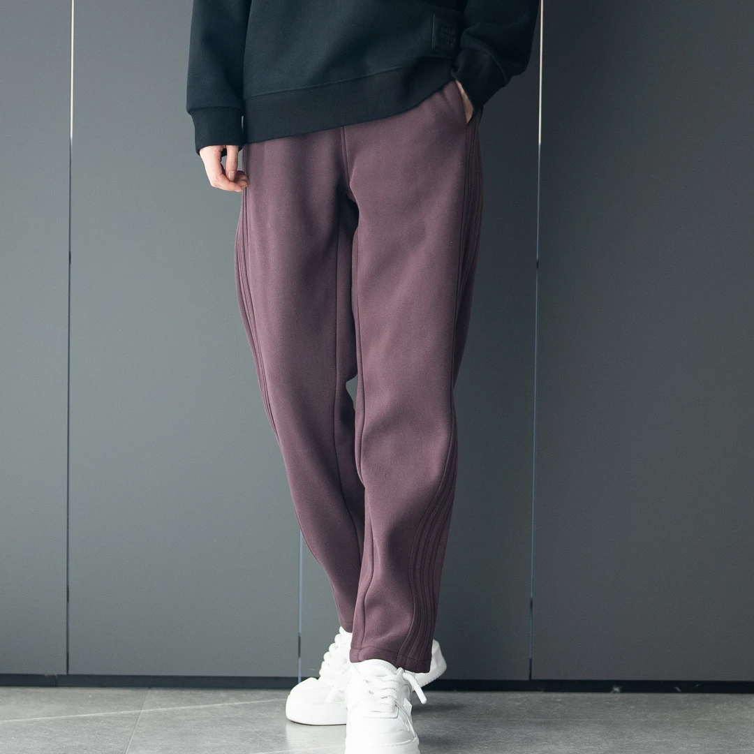 2023新款加绒加厚纯色条纹裤抽绳弯刀裤痞帅潮牌宽松百搭直筒长裤
