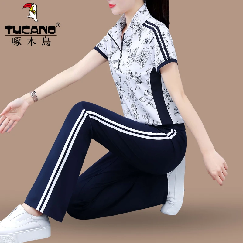 中式风运动套装女夏印花透气2024新款休闲中年妈妈夏装短袖两件套