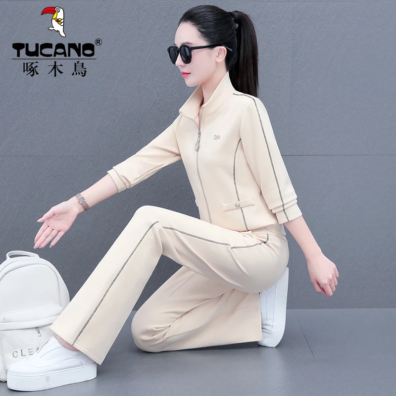 立领运动服套装女春秋2024年新款秋冬中年妈妈时尚显瘦开衫两件套