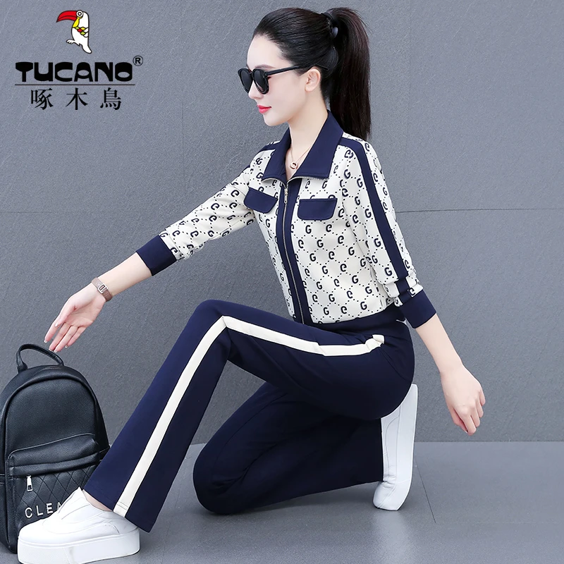 翻领休闲运动服套装女春秋2024年新款韩版时尚宽松印花卫衣两件套