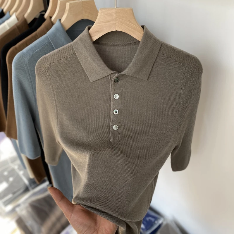 POLO领修身中袖针织衫上衣女100%超细纯羊毛春夏薄款五分袖打底衫