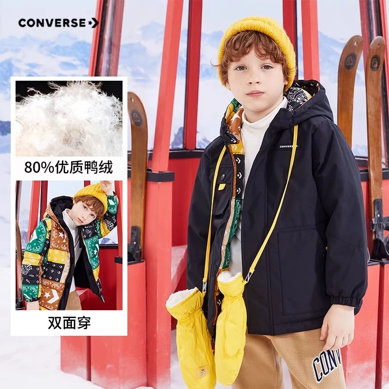 Converse匡威男童短款加厚保暖连帽羽绒服冬季儿童双面穿防风外套