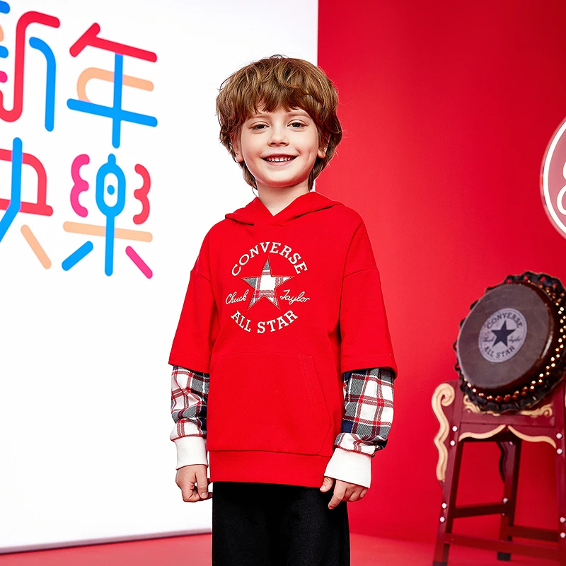 Converse匡威童装男童假两件时尚连帽卫衣春秋儿童休闲长袖上衣