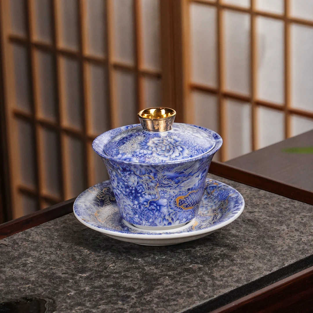 悬停盖碗青花瓷盖碗茶具描金盖碗悬停家用手工复古简约陶瓷泡茶碗