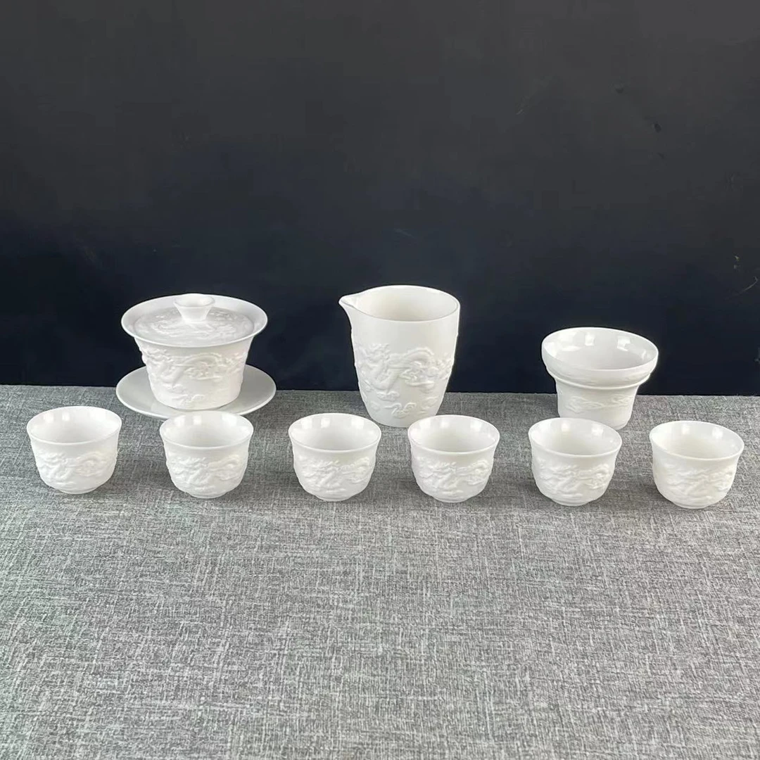 羊脂玉瓷功夫茶具套装手工素烧白瓷浮雕龙凤茶具套装无礼盒1905