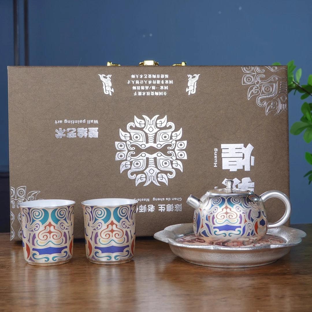 饕餮银壶金银错敦煌彩绘银壶官帽壶手工泡茶壶功夫茶具套装1247