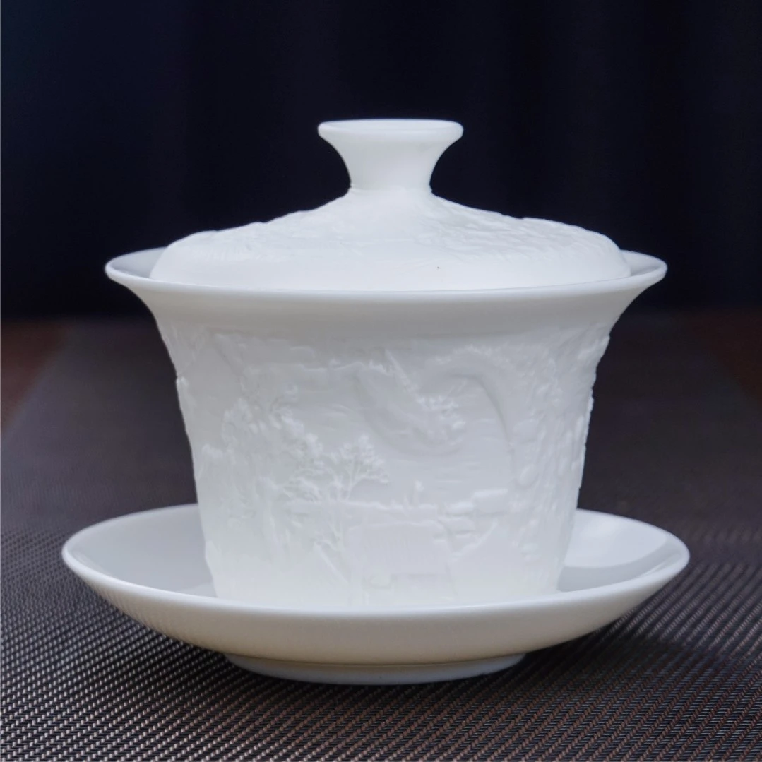 清明上河图羊脂玉瓷手工盖碗大号纯白浮雕白瓷高档三才盖碗1007