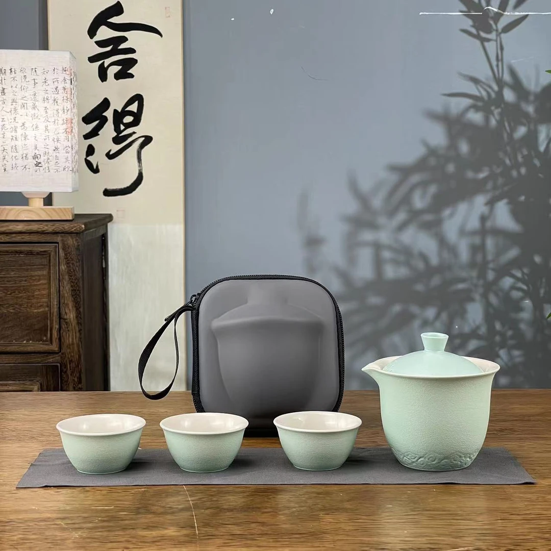 旅行茶具快客杯祥云纹一壶三杯中式便携式露营户外泡茶杯茶具1162