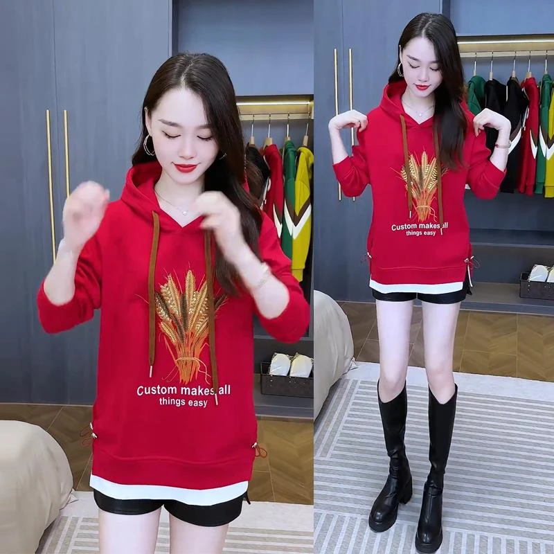 时尚休闲连帽卫衣女2024秋冬新款中长款宽松显瘦减龄加绒加厚上衣