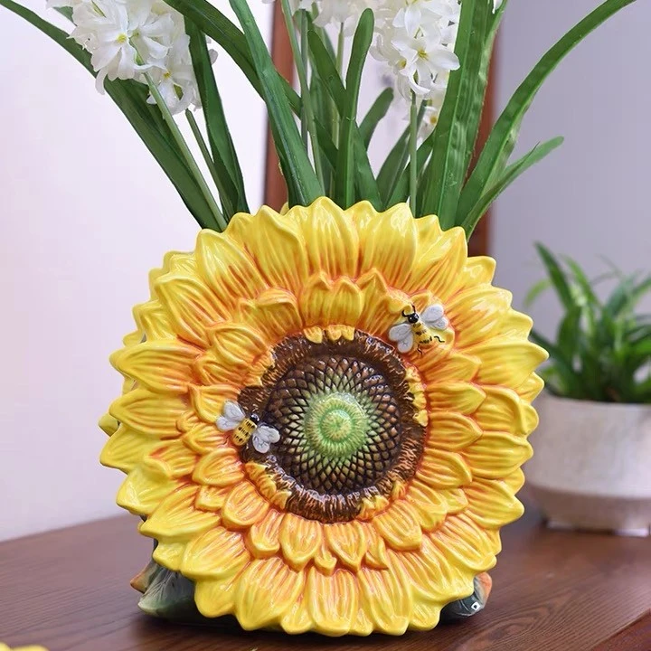 太阳花花瓶陶瓷手绘蒸蒸日上双面摆件家居电视柜玄关装饰26*15*25