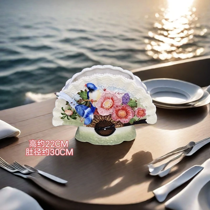 陶瓷双雀报喜画扇花瓶装饰手捏点缀客厅工艺品摆件创意结婚礼物