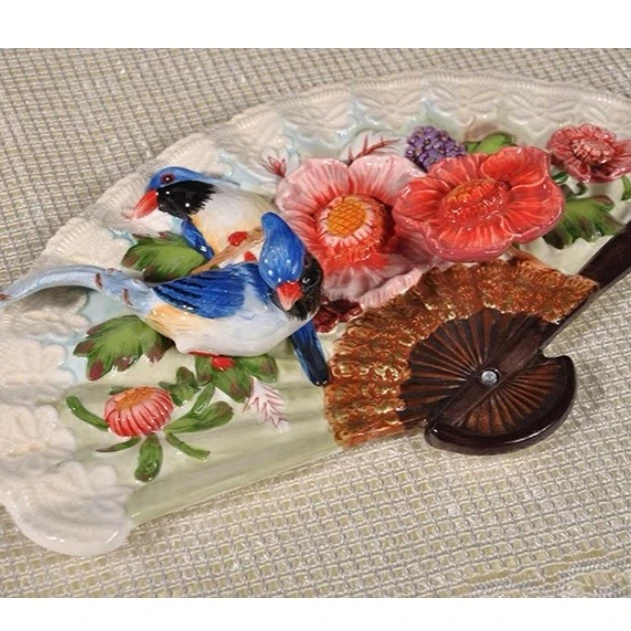 双雀报喜画扇挂盘装饰客厅工艺品摆件创意结婚礼物 31×20×5.8cm