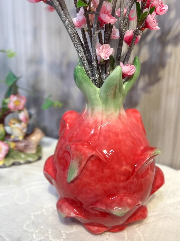 红红火火陶瓷花瓶摆件创意火龙果摆件家用电视柜新房装饰工艺品精