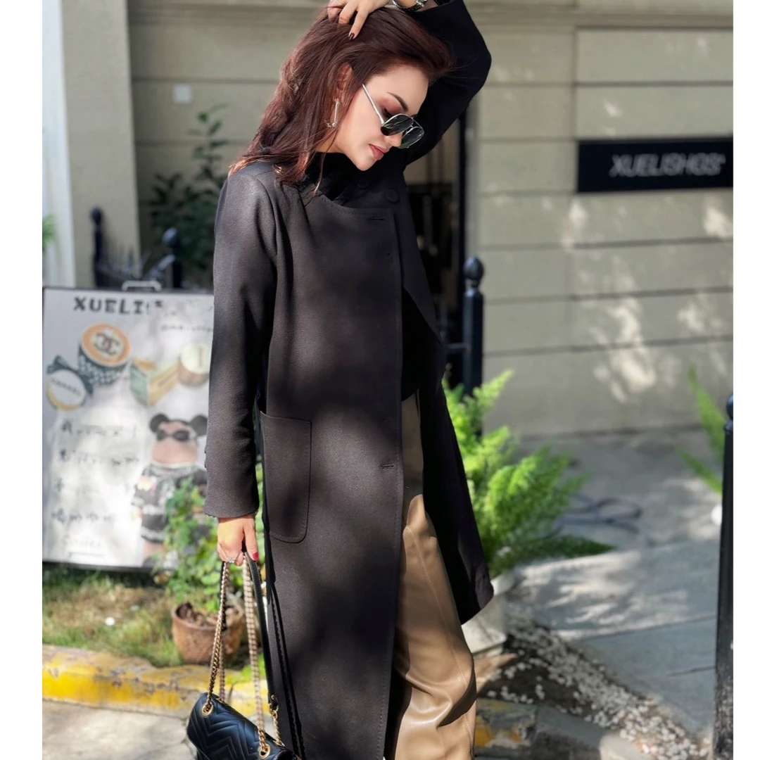 MUBINE 新款气质时尚单排扣圆领通勤秋季风衣外套 24206（特价）