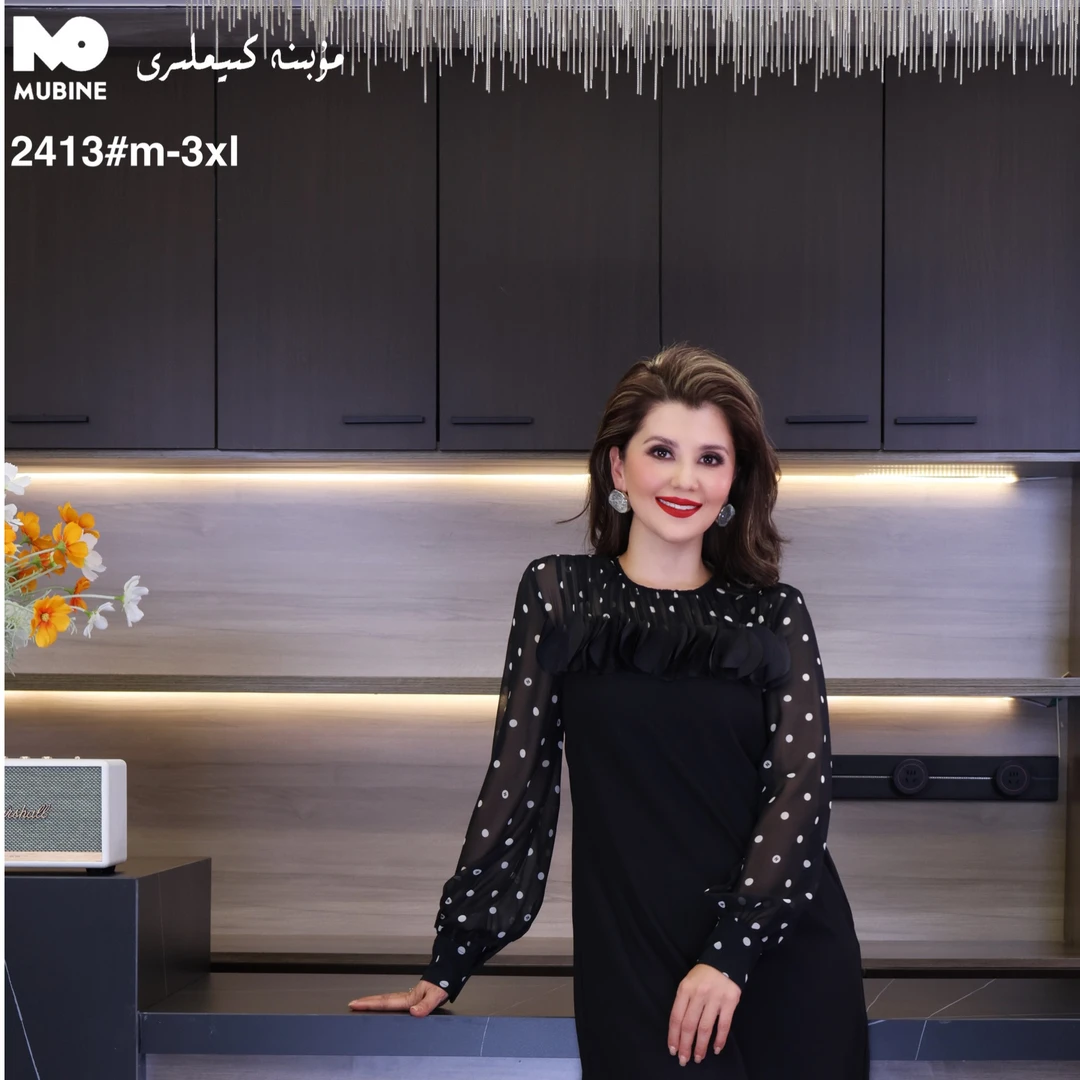 MUBINE 新款名媛气质雪纺波点拼接长丢短款连衣裙 2413(特价）