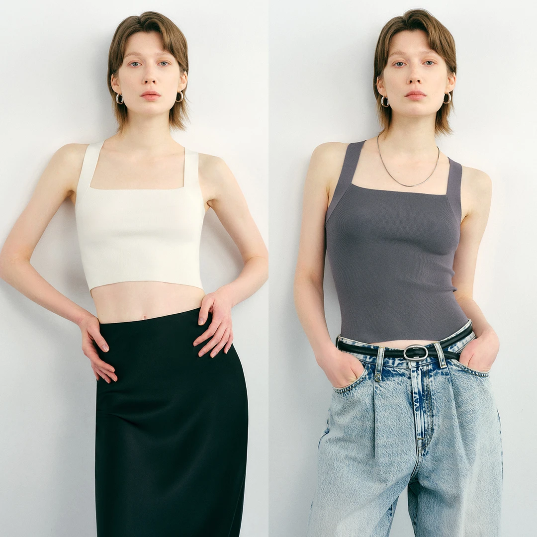 开间/口碑B入 桑蚕丝弹力塑身挖空平领宽肩带运动感长/短针织背心