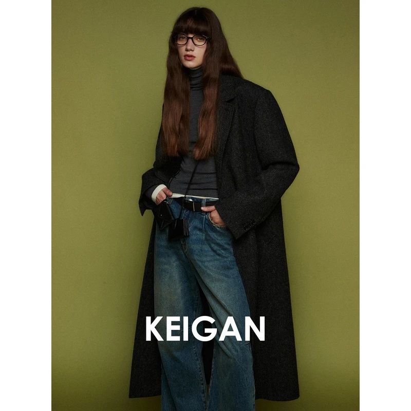 开间黑标/英国进口MOON蜂窝编织粗纺荃羊毛 廓形西装式韩星长大衣