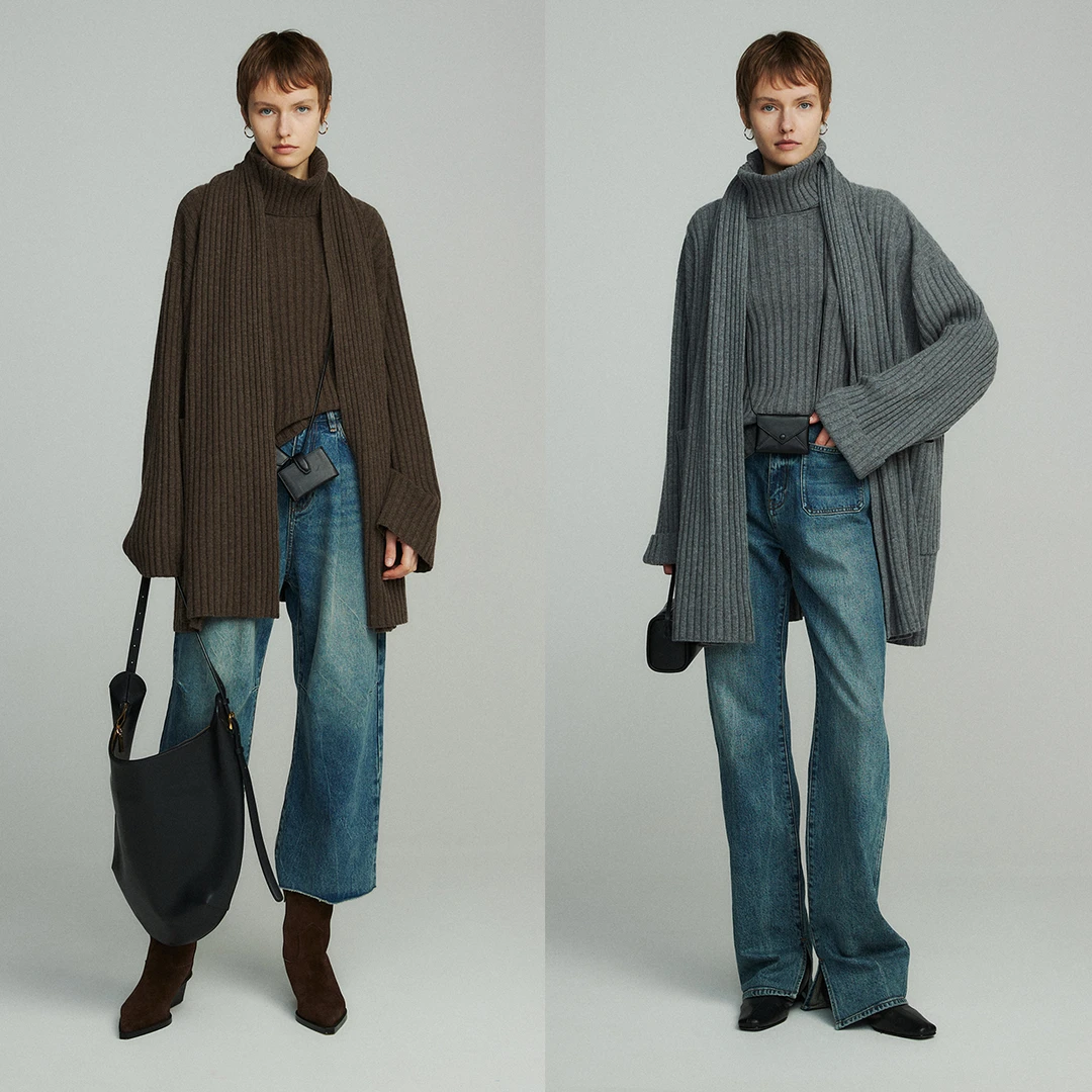 开间/高支chao细休闲秋冬ROW风坑条慵懒老钱堆堆领开衫针织套装