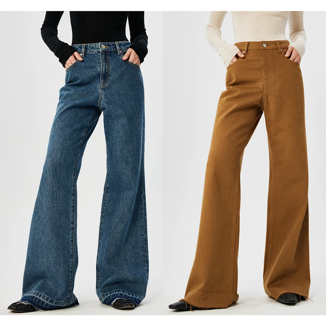 开间/直腿神裤 欧洲进口时髦复古随性毛边脚口中腰弧形微喇牛仔裤