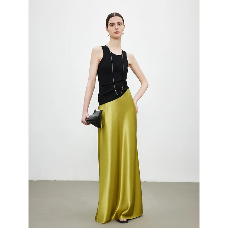 开间/美国伊士曼重磅双面缎醋酸鎏光垂感斜裁極简双版半裙