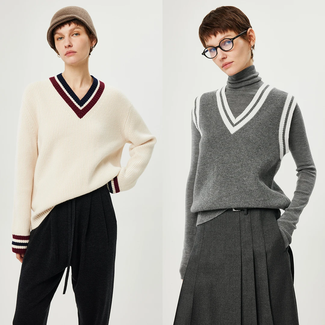 开间/秋冬B入M1U风加厚复古撞色温暖V领廓形毛衣马甲