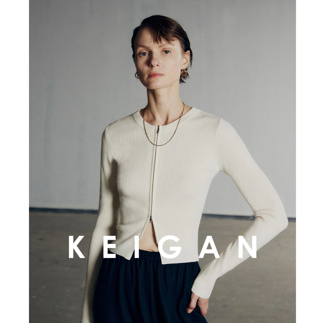 KEIGAN/开间时髦高弹双开拉链短针织开衫百搭显瘦长袖