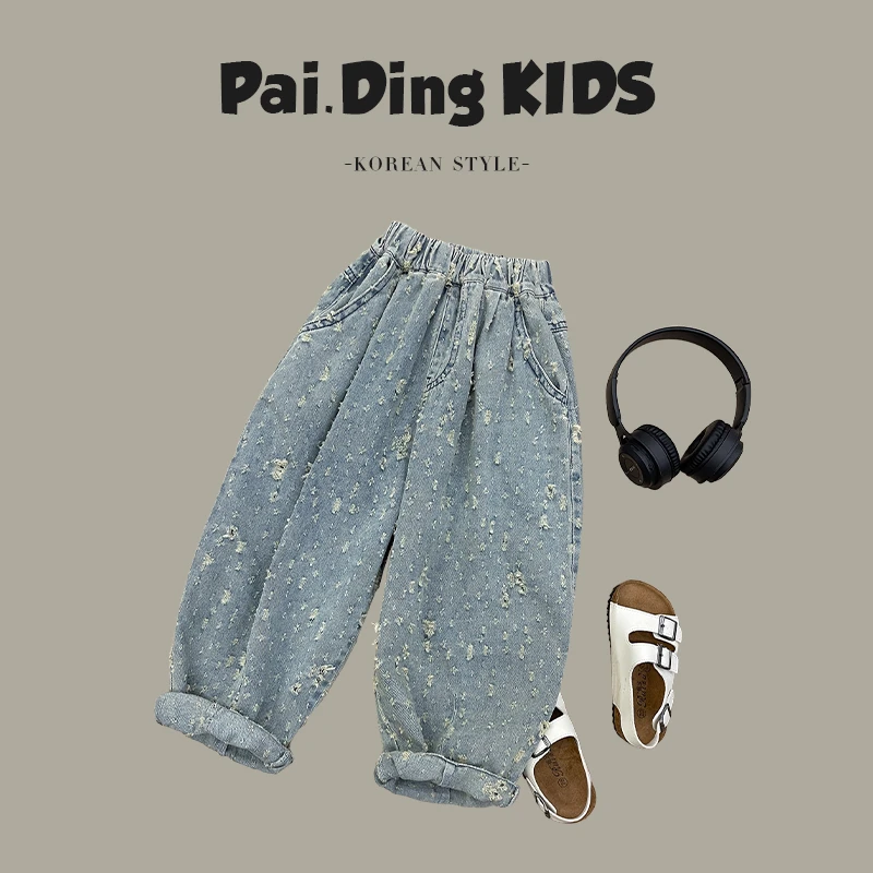 【派町-现货】春装儿童韩版洋气潮流破水洗牛仔小众个性裤子HAM4031