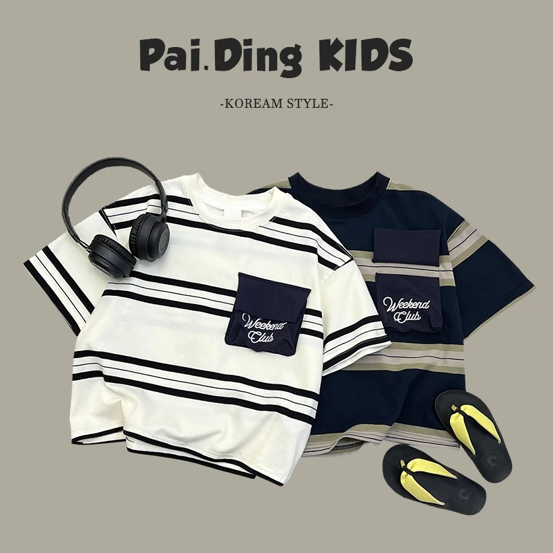 【派町现货】潮流复古条纹拼接口袋休闲两色短袖T恤SJ2800