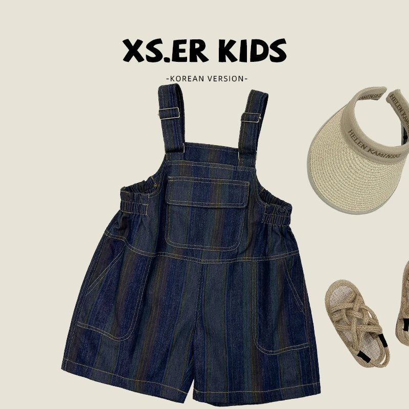 【派町现货】男童复古森系全棉牛仔夏时尚洋气条纹连身衣HBB5347