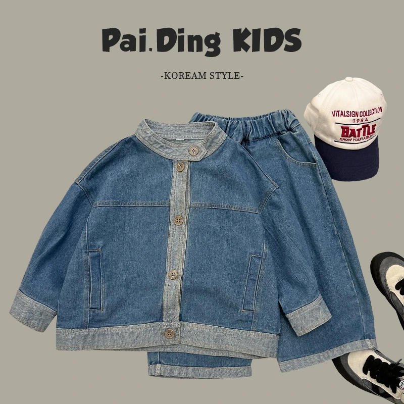 【派町】春秋装儿童韩版时尚拼色休闲复古水洗牛仔两件套装SJ4044