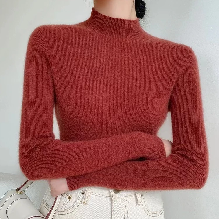 100羊毛半高领打底毛衣针织衫